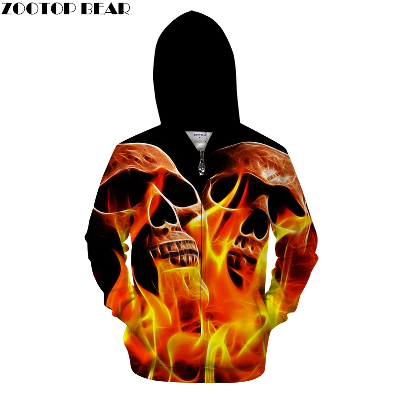 Fire&Skull 3D Zip Hoodies Men Zipper Hoody Casual Sweatshirt Printed