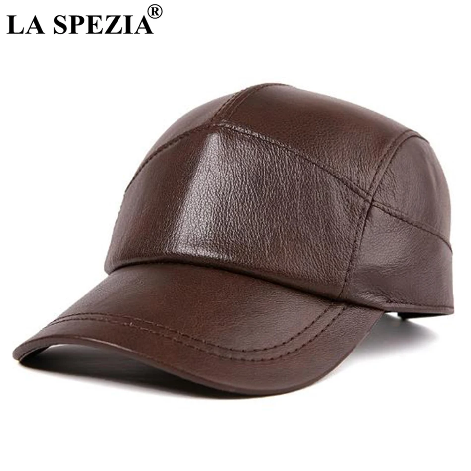 

LA SPEZIA Brown Caps Men Real Leather Baseball Hats Male High Quality Genuine Leather Cowhide Autumn Vintage Dad Duckbill Hats