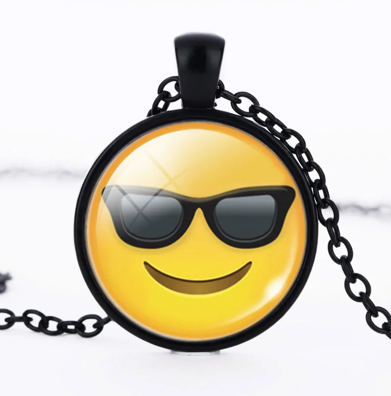 Smiling Face Necklace With Sunglasses Emoji Pendant Locket Cabochon