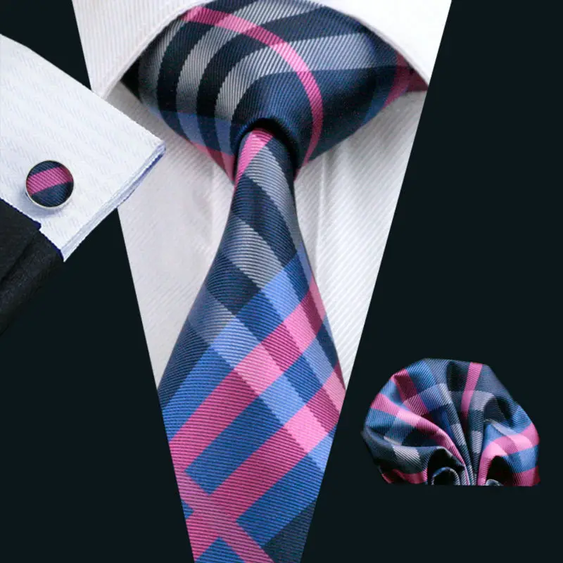 LS-653 Лидер продаж 2016 года Для мужчин галстук 100% шелк плед Классический жаккард галстук + платок + запонки набор для человека формальных
