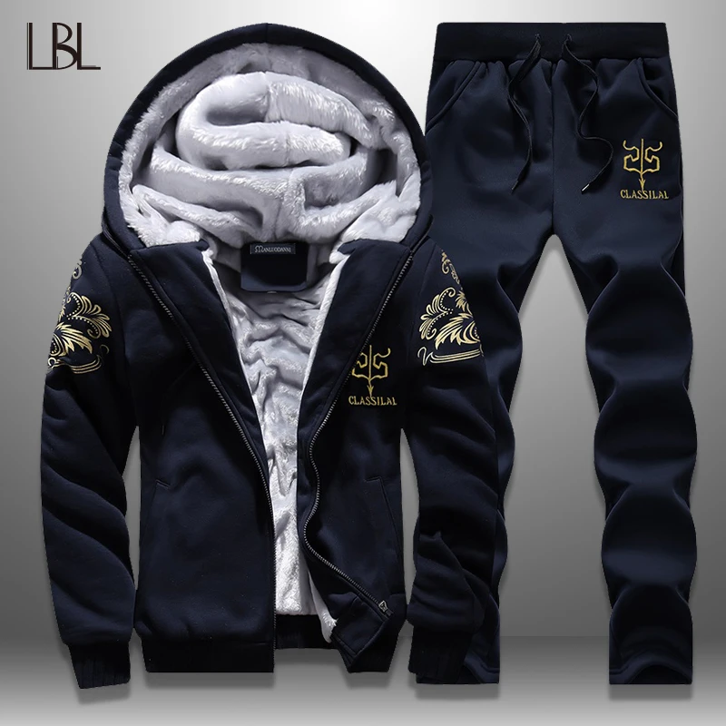 LBL Winter Tracksuits Men Set Bodybuilding Sporting Mens Sweatpants Striped Sweatshirts Sets Thick Track Suit Male Clothing