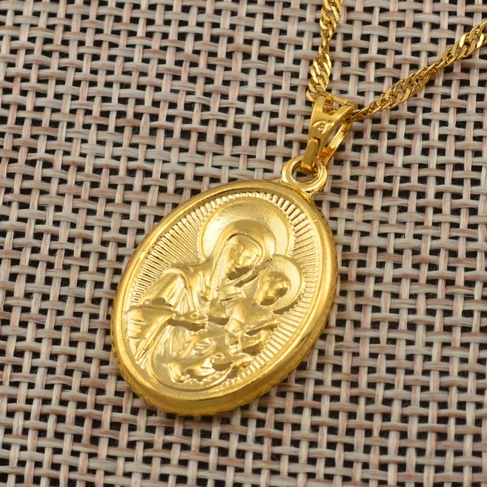 Anniyo Mary Our Lady and Son Pendant Necklace Gold Color Catholic Church Jewelry Russian Orthodox for Women #052704  Украшения