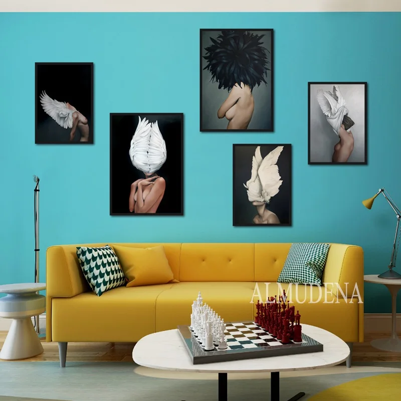 

Modern Sexy Girl Feathers Characters Noridc Posters And Prints Canvas Painting Wall Pictures For living Room Home Decor Unframed