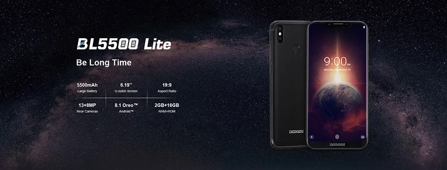 DOOGEE BL5500 Lite u-образная Android 8,1 6,1" MTK6739 четырехъядерный 2 Гб ОЗУ 16 Гб ПЗУ 5500 мАч две sim-карты 13 МП отпечаток пальца мобильный телефон