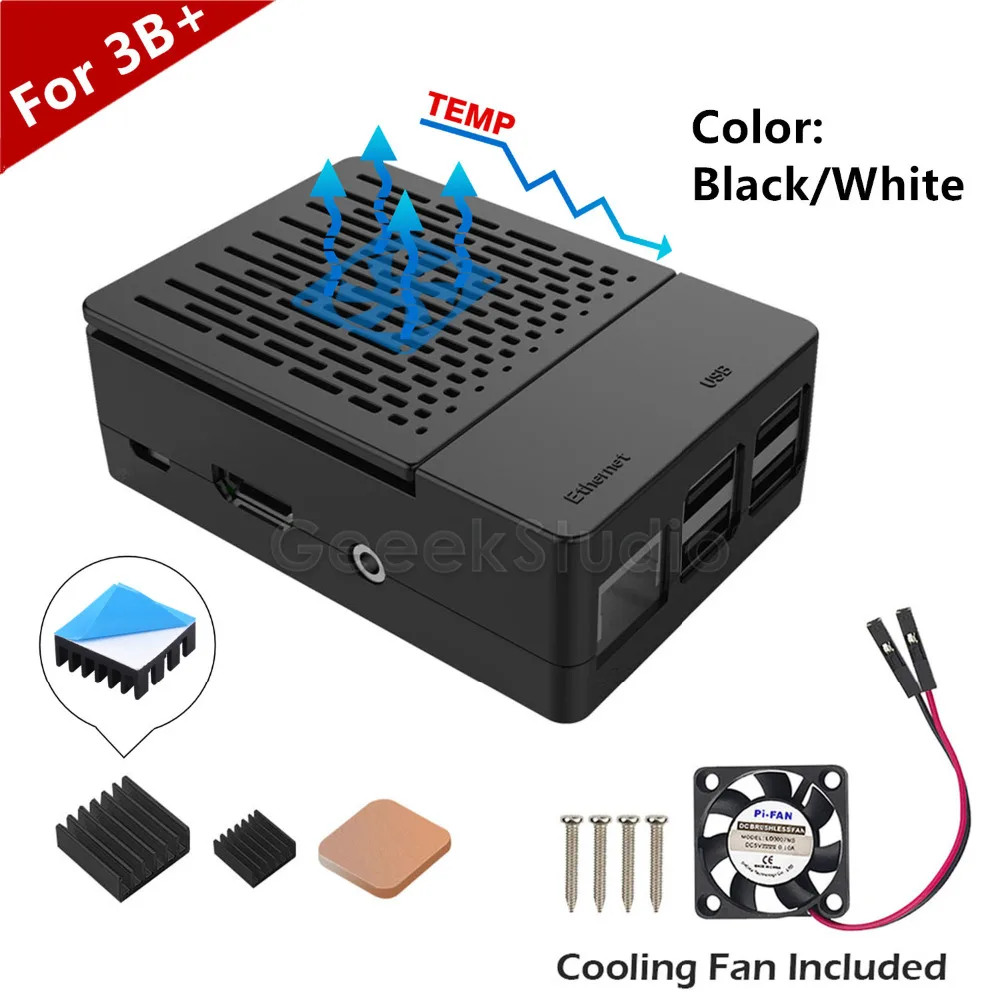 New Design! ABS Black / White Case Cover Enclosure Box + Heat Sinks Heatsinks + Cooling Fan for Raspberry Pi 3 B+ / 3 B / 2 B New Design! ABS Black / White Case Cover Enclosure Box + Heat Sinks Heatsinks + Cooling Fan for Raspberry Pi 3 B+ / 3 B / 2 B