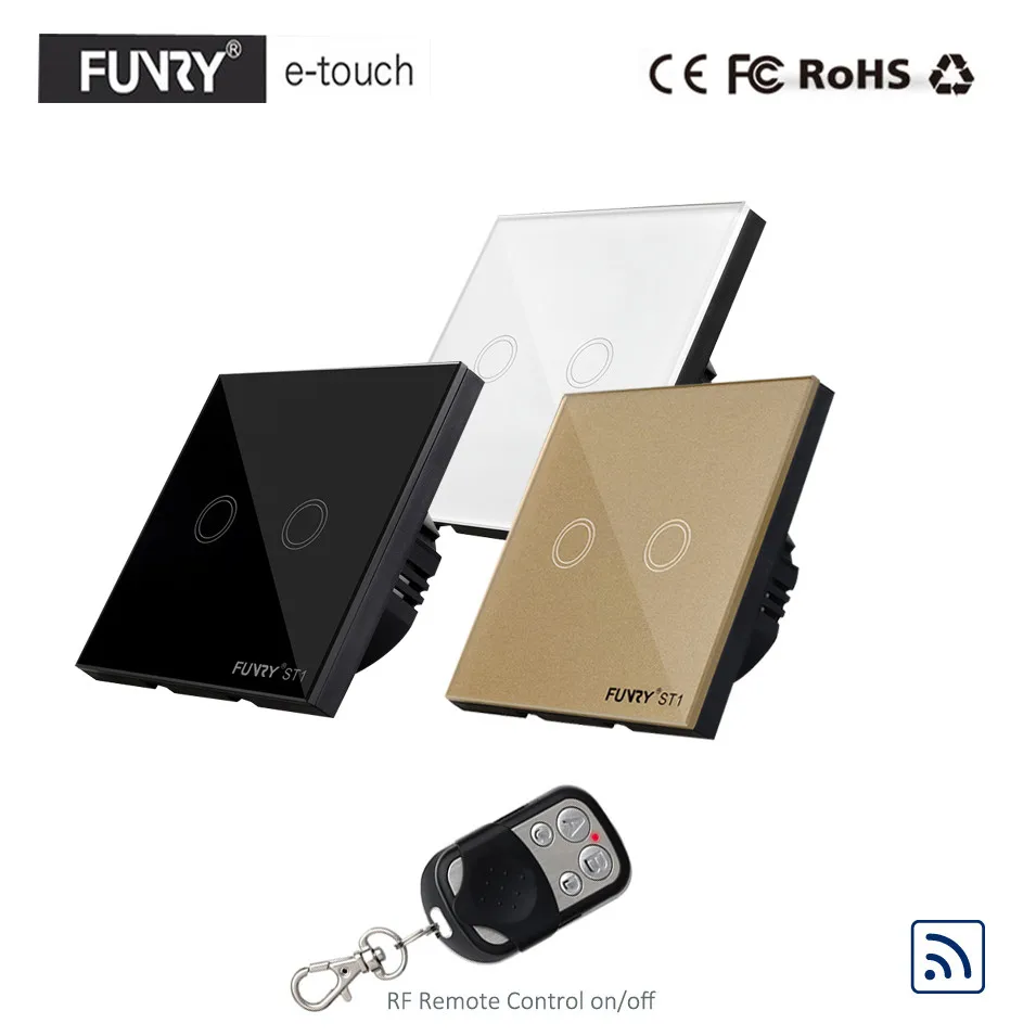 Funry EU 2 Gang 1 Way Wall Switch RF Remote Control Light Switch Waterproof Crystal Tempered