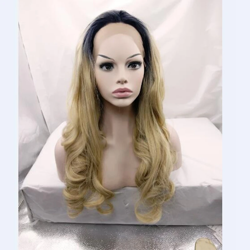 

27#Blonde hair super wavy synthetic hair lace front wigs for black women& perruque synthetic women short dark roots baby hair