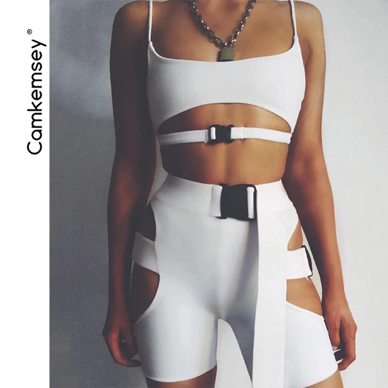 

Women Street Sexy Skinny 2 Piece Sets 2019 Summer Style Spaghetti Strap Sporting Tops Buckle Patchwork Hollow Out Skinny Shorts