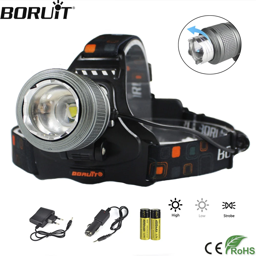 BORUiT T6 светодиодный Мощный налобный фонарь 1000LM 3 Режим масштабирования фара