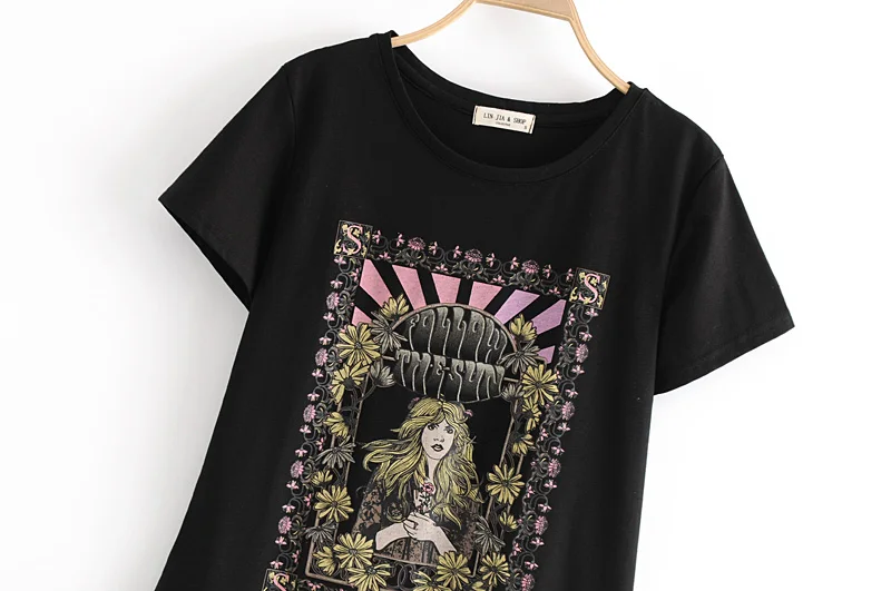 Boho Vintage chic happie Women Cotton Top O-Neck cartoon rose print T-shirts ladies short sleeve Tee shirts oversize