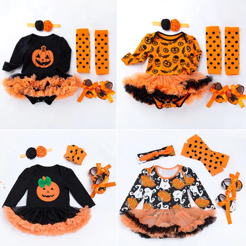 Baby girl jumpsuit+shoes+socks+headband sets 2018 Halloween baby girl clothes classic pumpkin long-sleeved baby rompers dresses