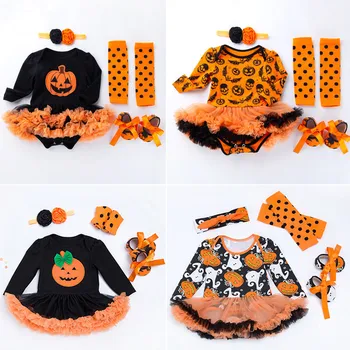 

Baby girl jumpsuit+shoes+socks+headband sets 2018 Halloween baby girl clothes classic pumpkin long-sleeved baby rompers dresses