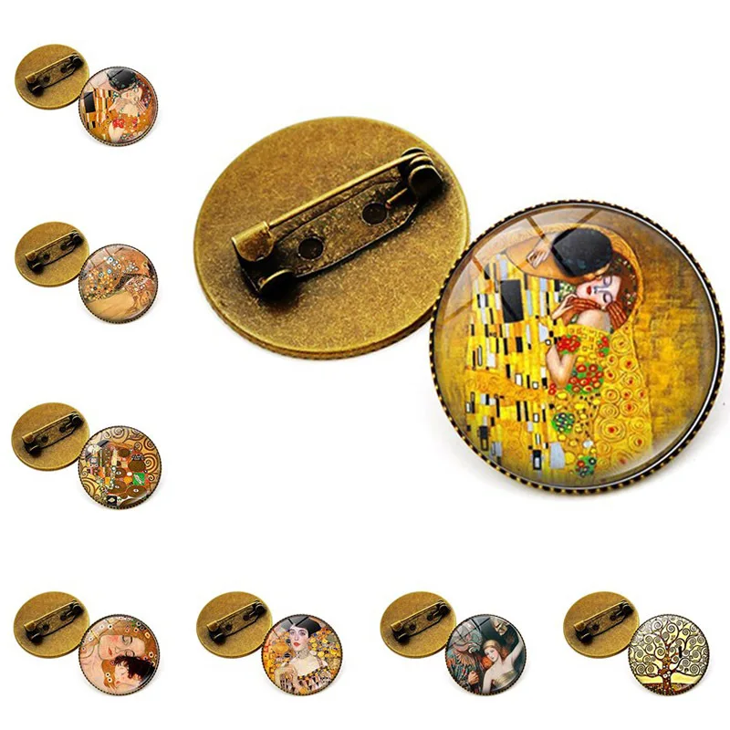 

Gustav Klimt The Kiss Brooch Jewelry with Bronze Color Glass Cabochon Klimt Kiss Pattern Brooch Pin Vintage Brooches Gift