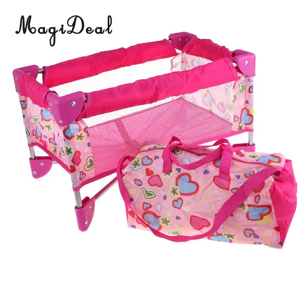 Simulation Baby Dolls Crib Bed with Carry Bag Kids Pretend Toys For Nursery Room Furniture Decoration Pink