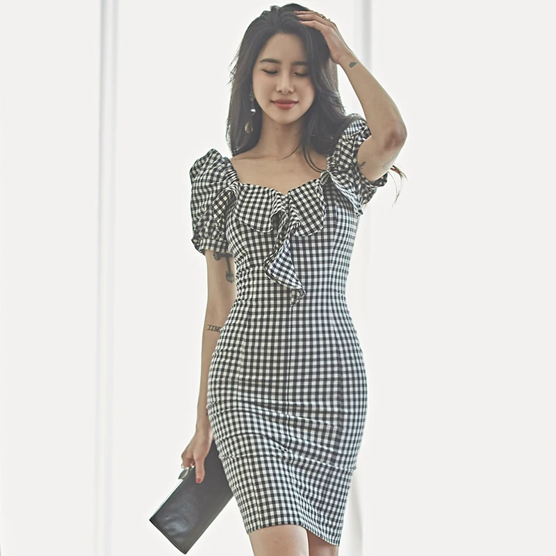 

Fashion women elegant cute plaid backless formal dress new arrival temperament party off shoulder fresh mini slim pencil dress
