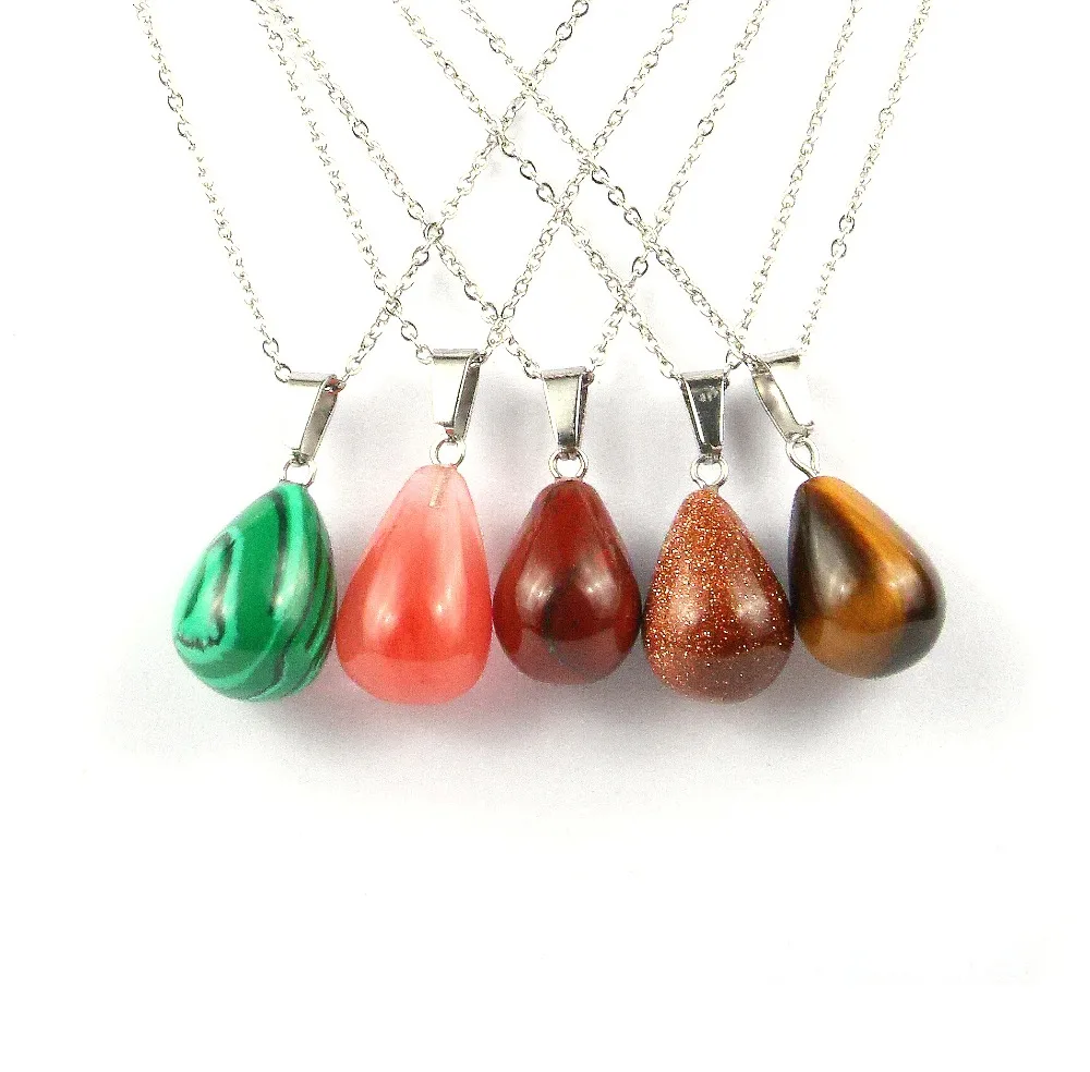 

Wholesale natural stone necklace round natural stone agat pendant quality stainless steel necklace