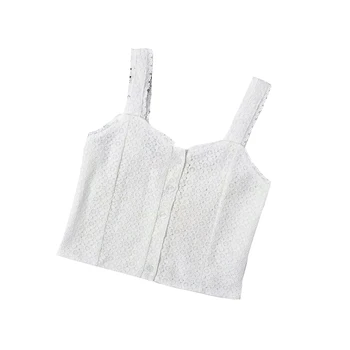 

Women Solid White Lace Cami Top Wrinkling Back Elastic Shoulder Lace Design Women Summer Bustier Sexy White Lace Cami Top