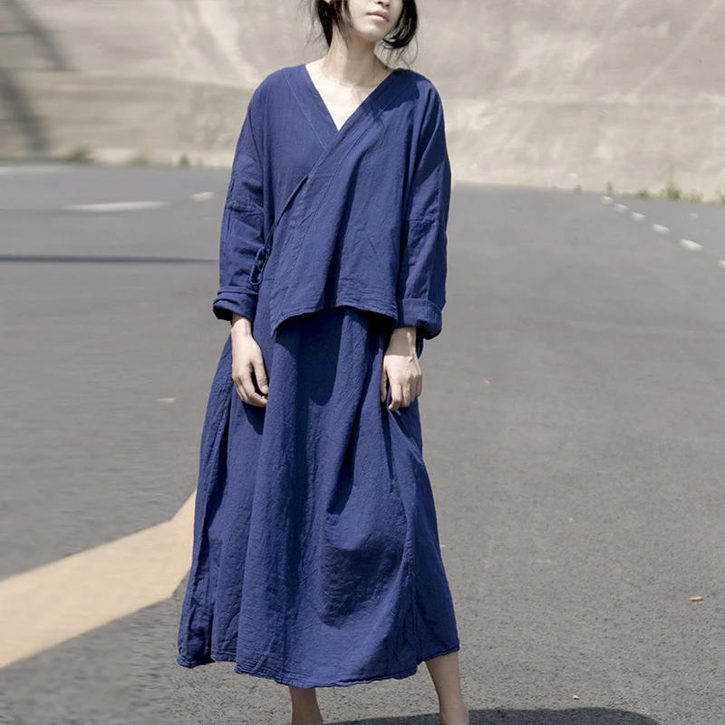 

Johnature Women Dark Blue Dress Vintage Cotton Linen 2019 New Summer Long Sleeve V-Neck Belt Women Clothes Loose Original Dress