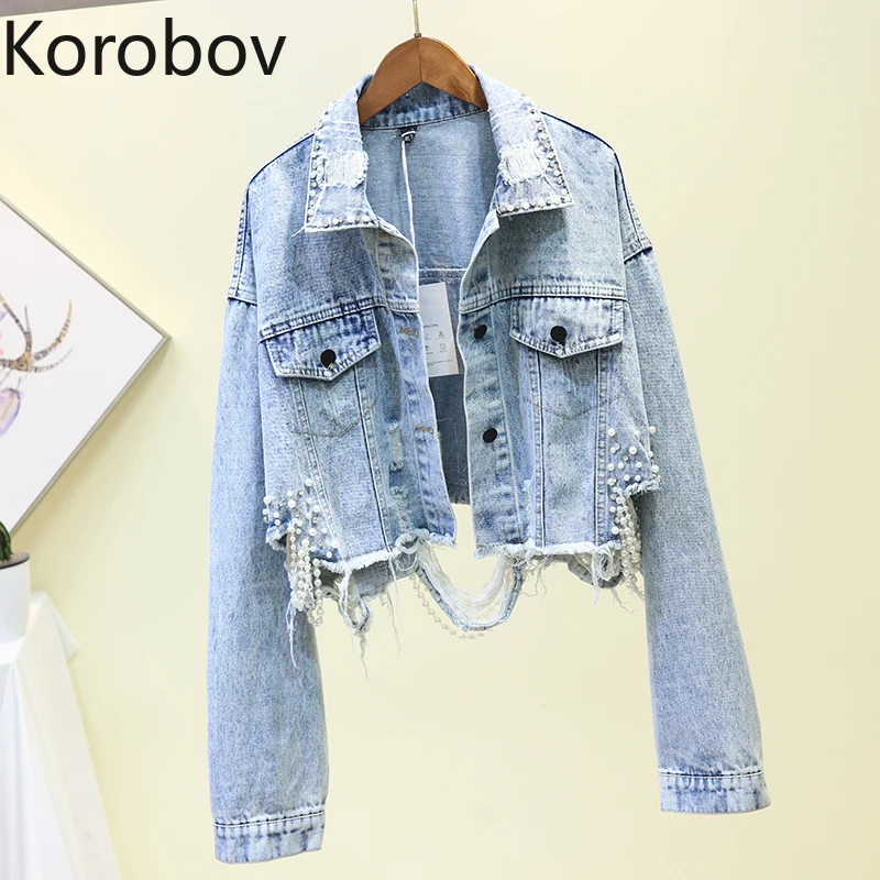 

Korobov Autumn New Pearls Hole Jackets Women Denim Jackets Korean Single Breasted Pockets Coats Streetwear Cropped Coat 78154