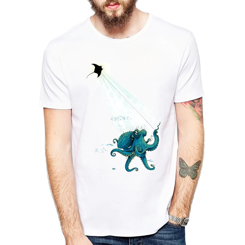 

Octopus and devil rays Kite Flying T Shirts Men casual Top Cool animal design T-Shirt For Adult Tshirts Clothes