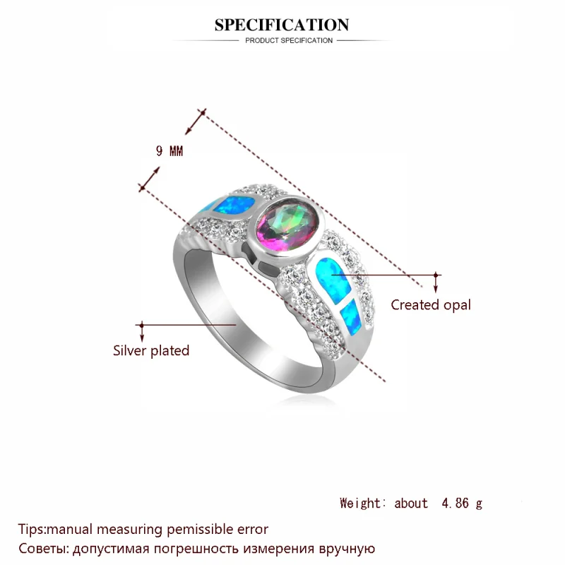 Удивительные обручальные кольца для возлюбленной голубой огненный опал серебряные штампованные кольца радужные модные украшения американский размер#6#7#8#9 OR641A