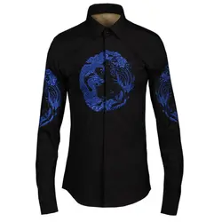 Роскошные Дракон вышивка мужская рубашка черный цвет 80% хлопок Длинные рукава slim fit 2018 осень модные футболки Блузка Большие размеры M-4XL