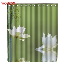WONZOM Bamboo Lotus Shower Curtain Fabric Bathroom Decor Decoration Cortina De Bano Polyester Flower Bath Curtain With Hooks