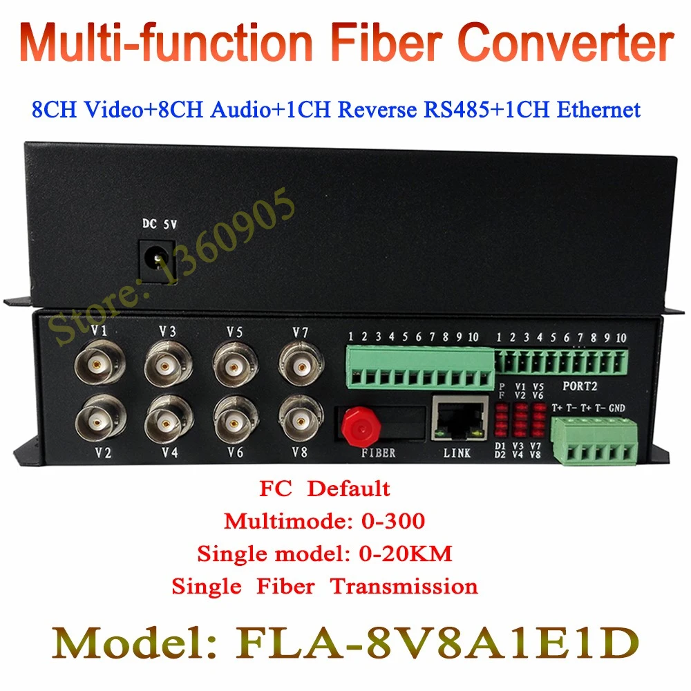 

8ch video + 8ch audio +1ch RJ45 Ethernet +1ch RS485 Transmitter & Receiver 8 channel fiber optical media converter FC 20KM