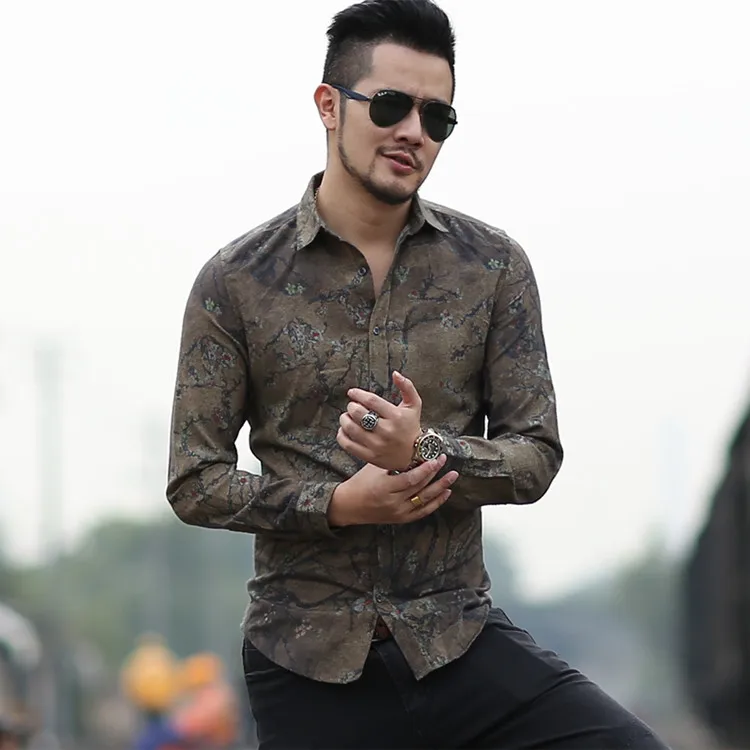 Мужская Новая Винтажная тонкая Модная хлопковая качественная брендовая рубашка в европейском стиле, мужская рубашка с цветочным принтом, зимняя рубашка с длинным рукавом