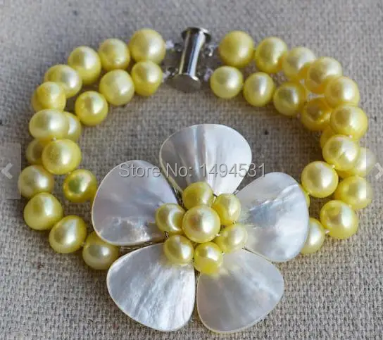 

Wholesale Pearl Bracelet - Yellow Color 2 Rows 7-8mm Shell Flower Genuine Freshwater Pearl Bracelet Wedding Jewelry