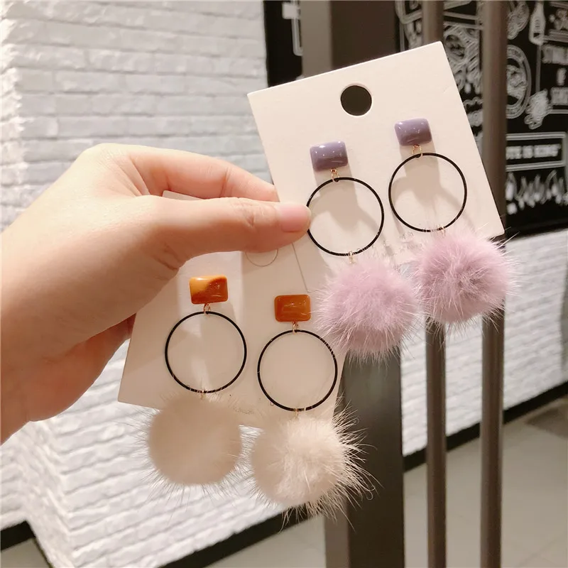 

Korean Japan Mink Hair Ball Round Circle Anti-allergy Sweet Autumn Fall Winter Women Dangle Drop Earrings Fashion Jewelry-QQD5