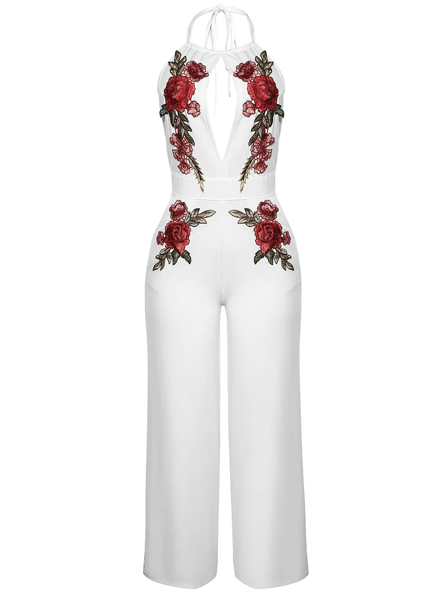 Rose Floral Embroidery Backless Lace up Jumpsuits New Fashion Sexy