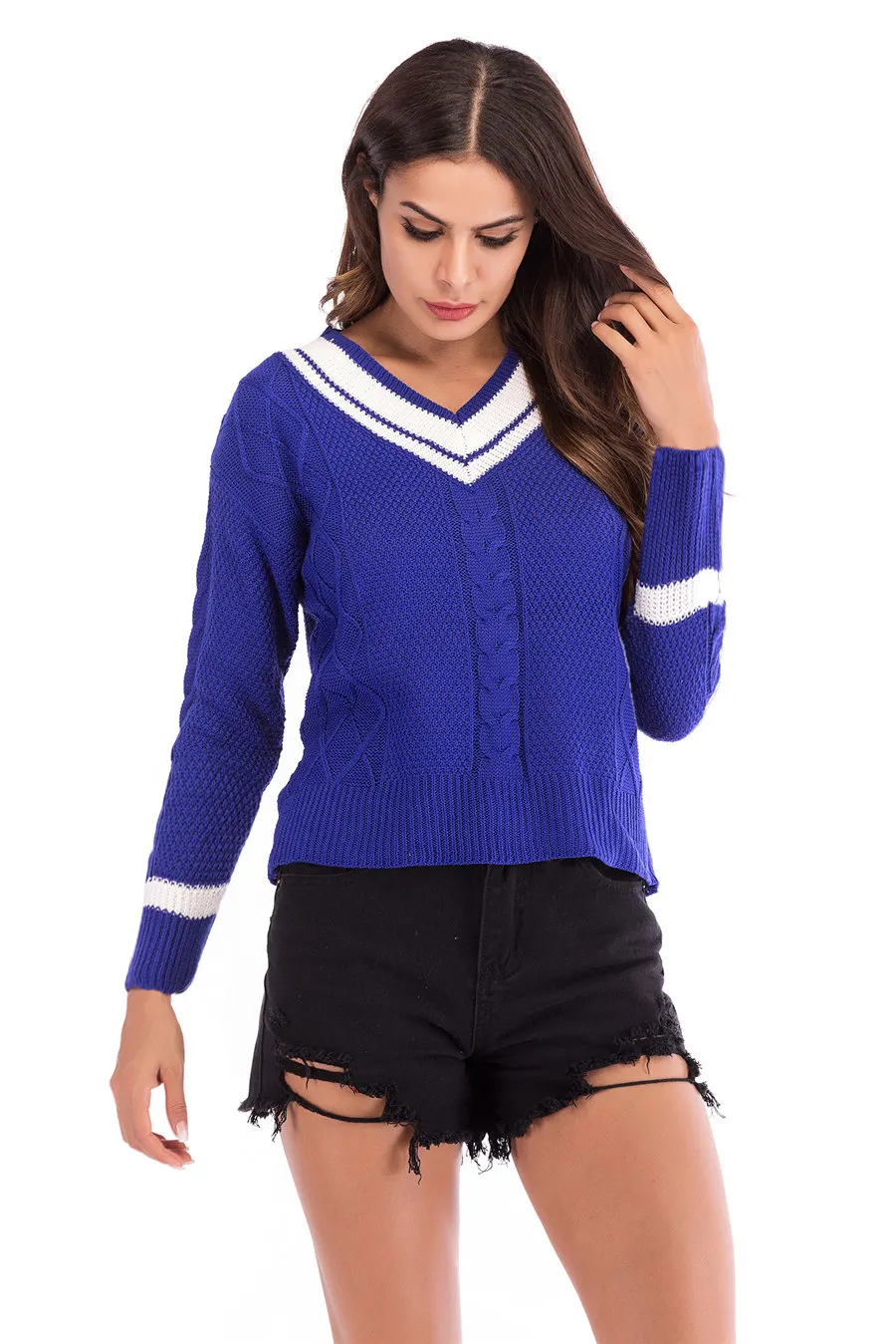 Gladiolus 2018 Striped Pullover Sweater Women V-Neck Long Sleeve Loose Autumn Winter Women Knitted Sweater Casual Jumper Tops (25)