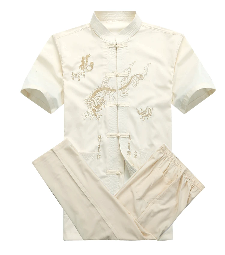 thumbnail image 5 of Traje de Kung Fu de algodón chino para hombre, uniforme de Wu Shu bordado, ropa de Tai Chi, camisa de manga corta + pantalón, tallas M, XL, XXL, XXXL, MS013, 5 of 5