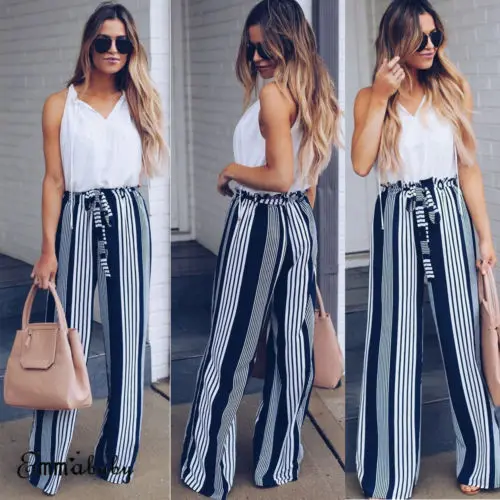 

HIRIGIN Fashion Womens Striped Wide Leg Trousers Ladies Plain Flared Legging Loose Pants