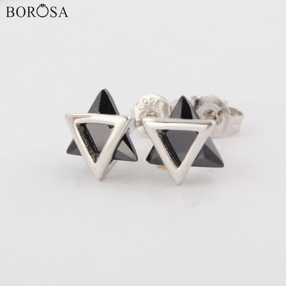 

BOROSA 10Pairs New 92.5% Pure Silver Triangle Bezel 9x9mm Black Agates Stud Earrings Private Custom Earring Jewelry WX1158