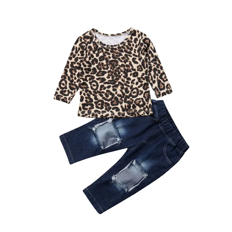 Одежда для маленьких девочек пуловер с длинными рукавами и леопардовым принтом и круглым вырезом Топы с карманами и дырками осенняя одежда из 2 предметов для детей