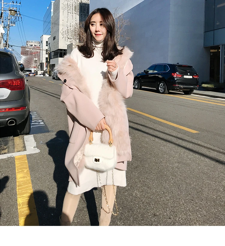 Дизайнерское зимнее шерстяное пальто для женщин, корейский длинный искусственный мех, Женская Лоскутная куртка, длинная теплая шуба из искусственного меха с капюшоном, осенняя верхняя одежда