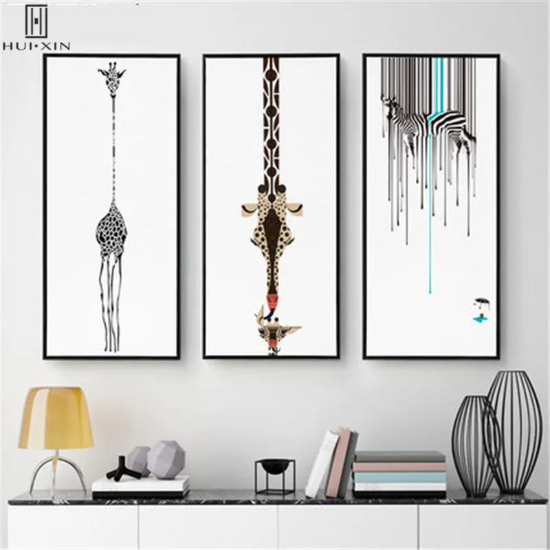 

Personalized Abstract Animals Canvas Printing Modern Posters Designed For Home Decoration Zebra Giraffe Long Neck With Ballon