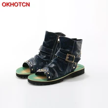 OKHOTCN Fashion Men Sandals Snake Leather shoes Mixed Colors Rivets Studded Summer Ankle men Boots Open Toe Beach Flat Slipper