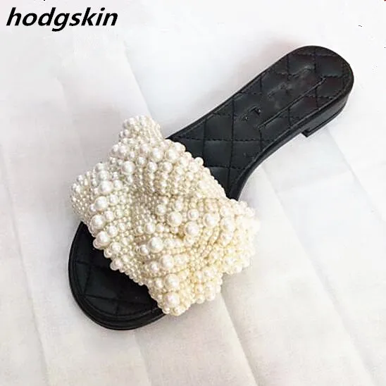 

Pearls String Bead Women Slides Flats Beach Sandials Black Soft Insole Women Sandals Summer Zapatos De Mujer Shoes Women Size 41