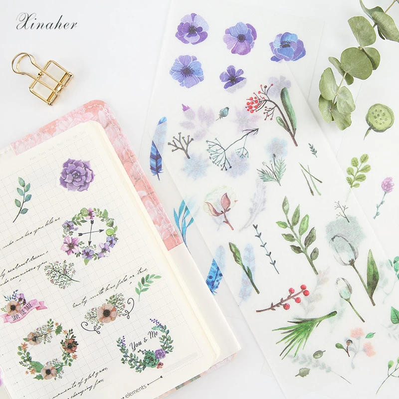 

XINAHER 6 Sheets/Set Summer Leaves Plants Creative Decoration Scrapbooking Stickers Transparent PVC Stationery Planner Stickers