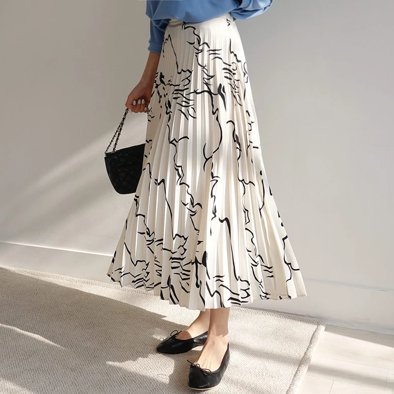 

Spring Summer Printing Geometric Pleated Skirt Women High Elastic Waist Long Skirt Female High Waist Elegant A-line Skirt