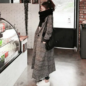 

Women plaid long coat long sleeve woollen overcoat loose outwear female winter autumn trench coats plus size
