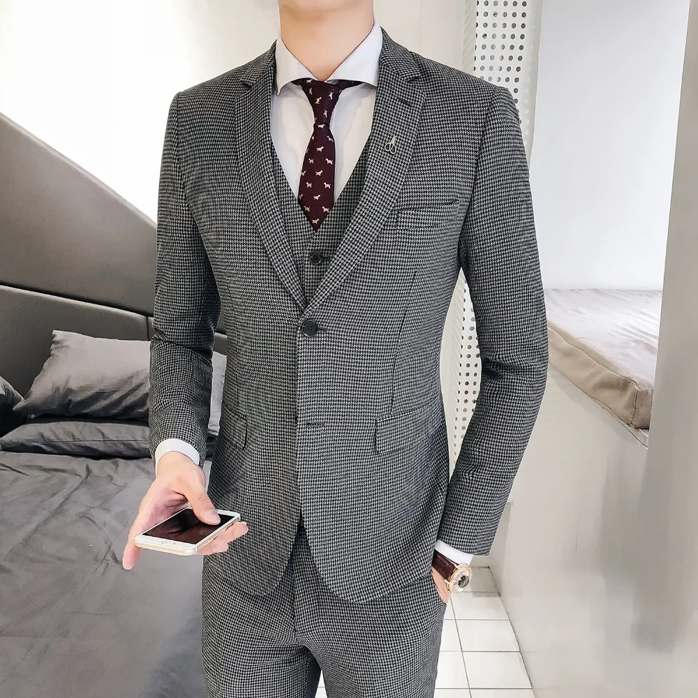(Топы + брюки + жилеты) высокого класса на заказ Новый костюм Корейская версия самовыращивания мода костюм с сеткой мужской из трех частей
