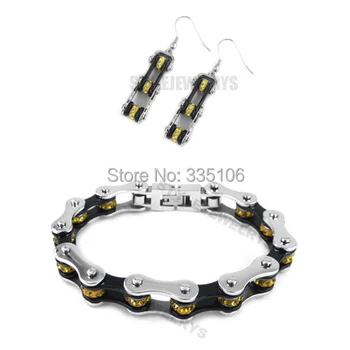 

Free shipping! Silver & Black Bicycle Chain Earring and Bracelet Stainless Steel Jewelry Orange Rhinestone Biker Set SJB0156L