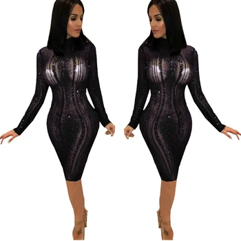 

Women Pack Hip Autumn Dress Ladies Stretchy Mesh Sequined Bodycon Party Sheath Long Dresses Lady Pencil Sexy Night Club Dress
