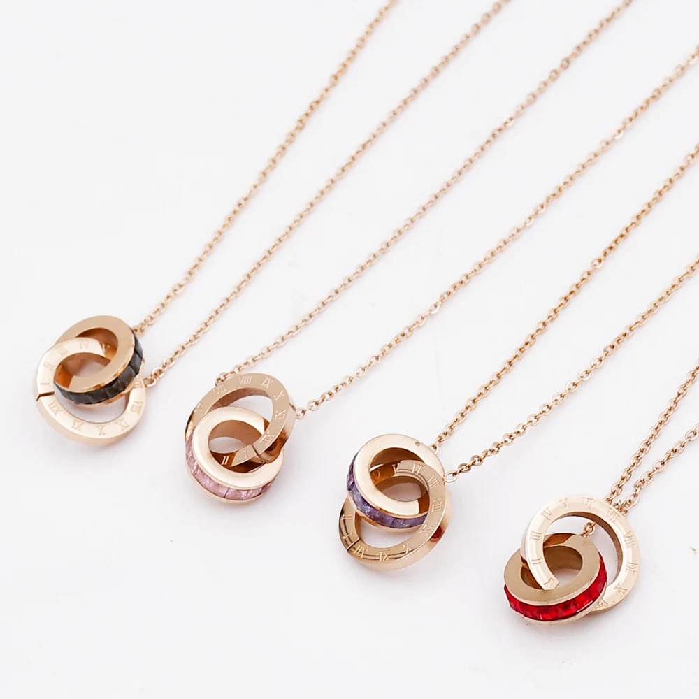 

Wholesale 5 Colors Double Circle Stainless Steel Titanium Necklace Zircon Roman Numerals Necklaces For Women Band Jewelry