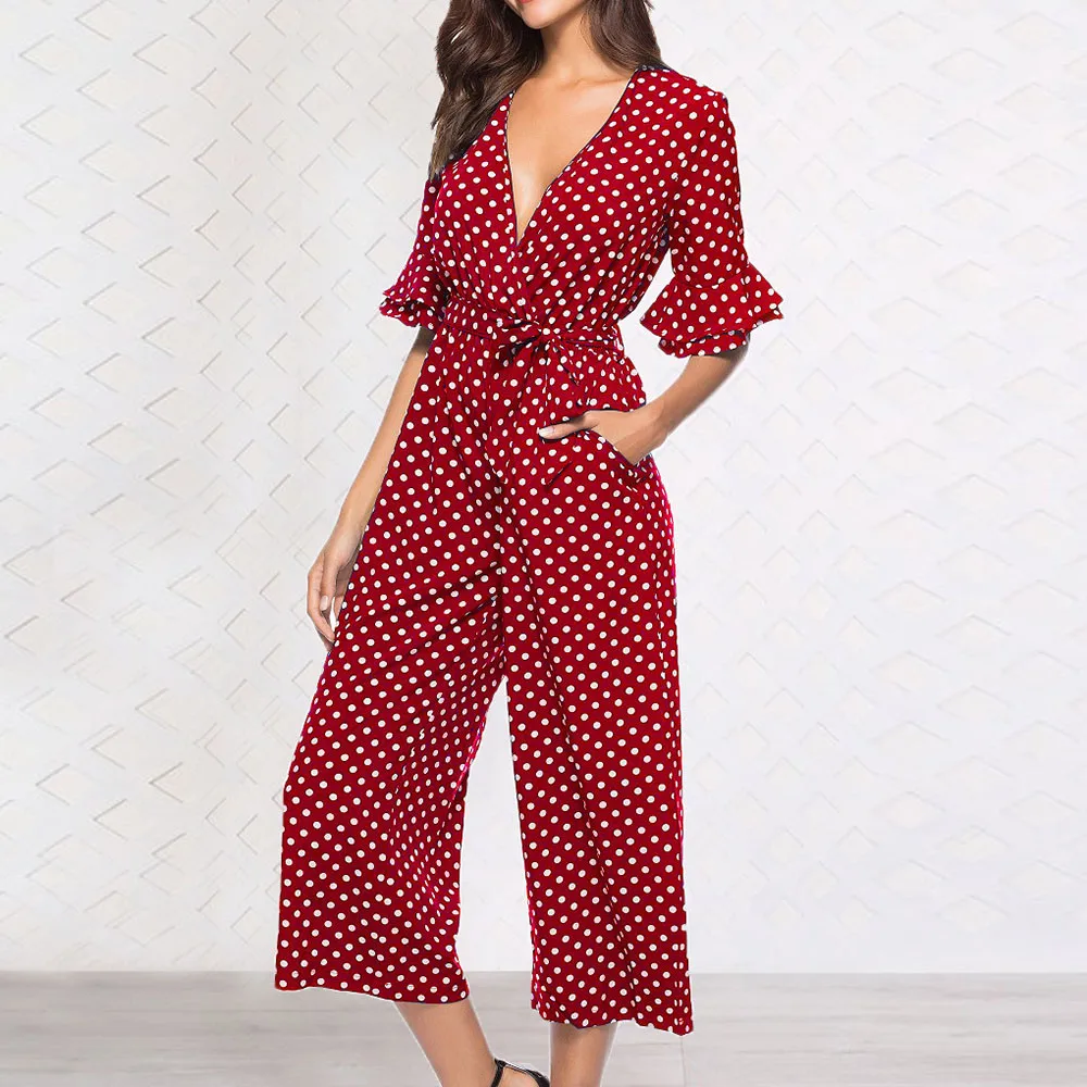 

Women red Polka Dot Printed V-neck Wide Leg Pants Long Ruffles Sleeve Jumpsuit Bandage Playsuit Plus Size Wide Leg Pants Overall