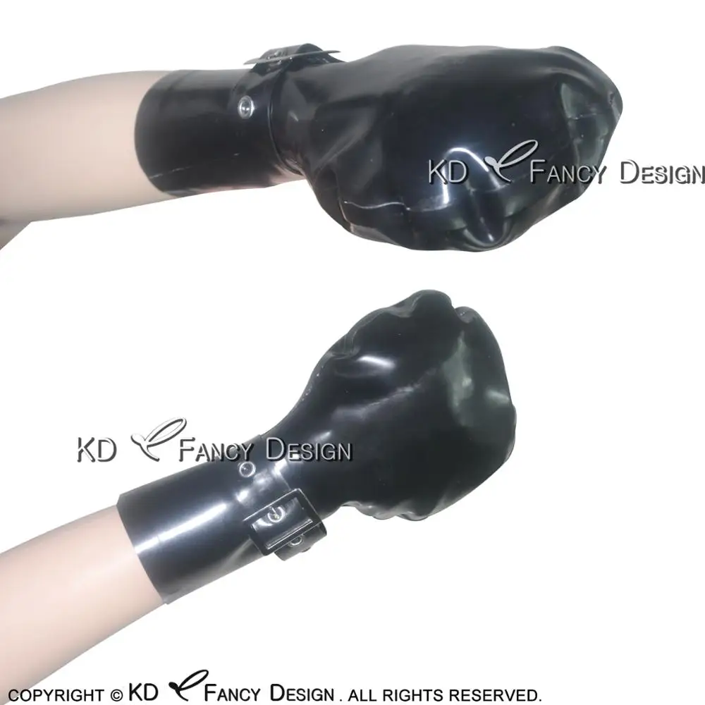 

Black Sexy Latex Gloves with Belts And Buckles Rubber Mitts Plus Size ST-0002